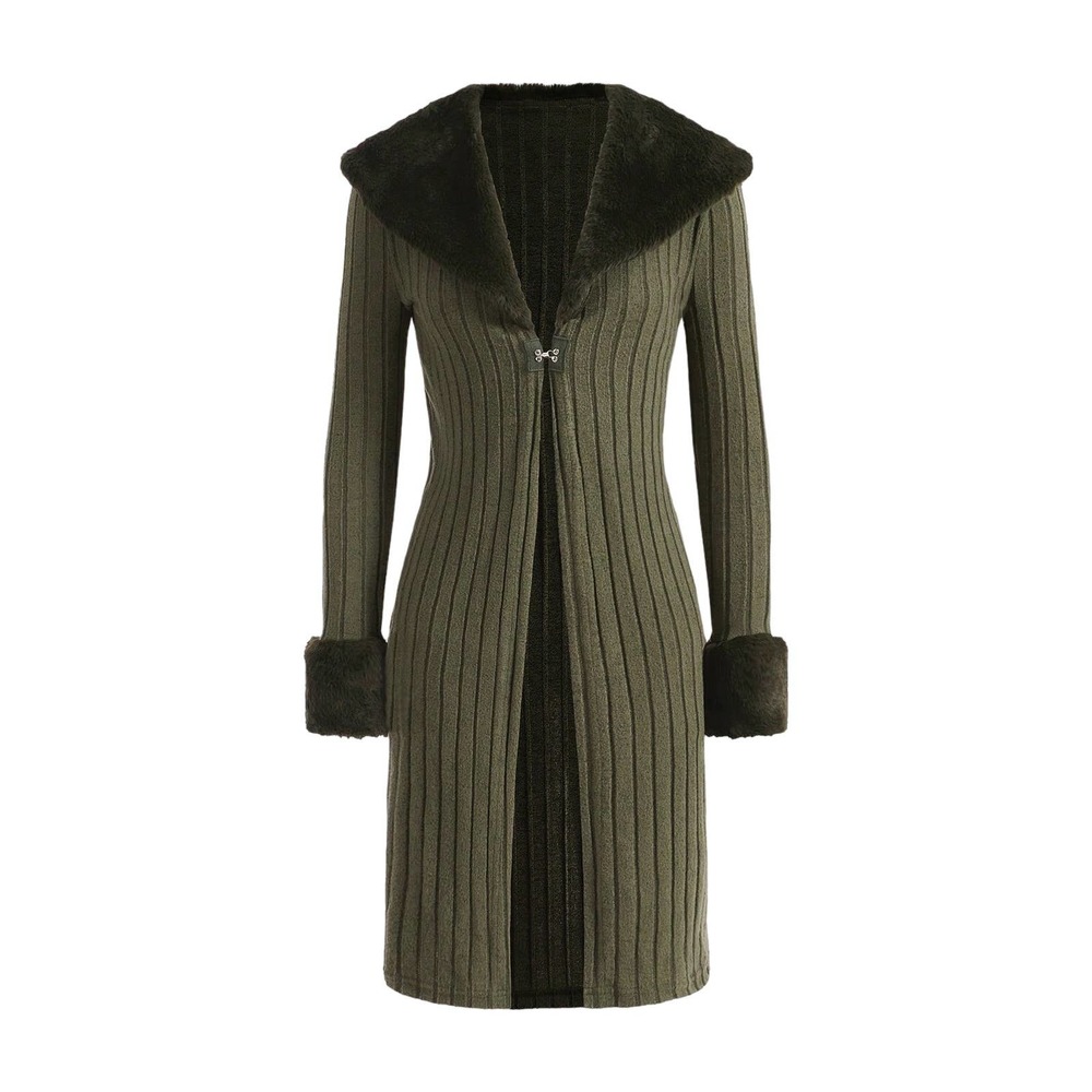 Borg Collar Fuzzy Panel Hook & Eye Front Coat-GREEN-L